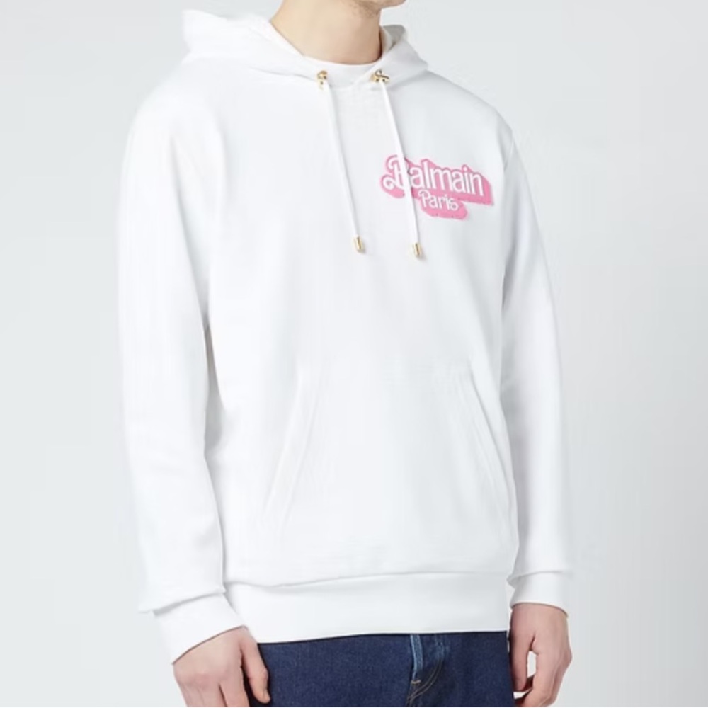 Authentic Balmain Paris x Barbie Unisex White Cotton Pullover Hooded Sweatshirt
